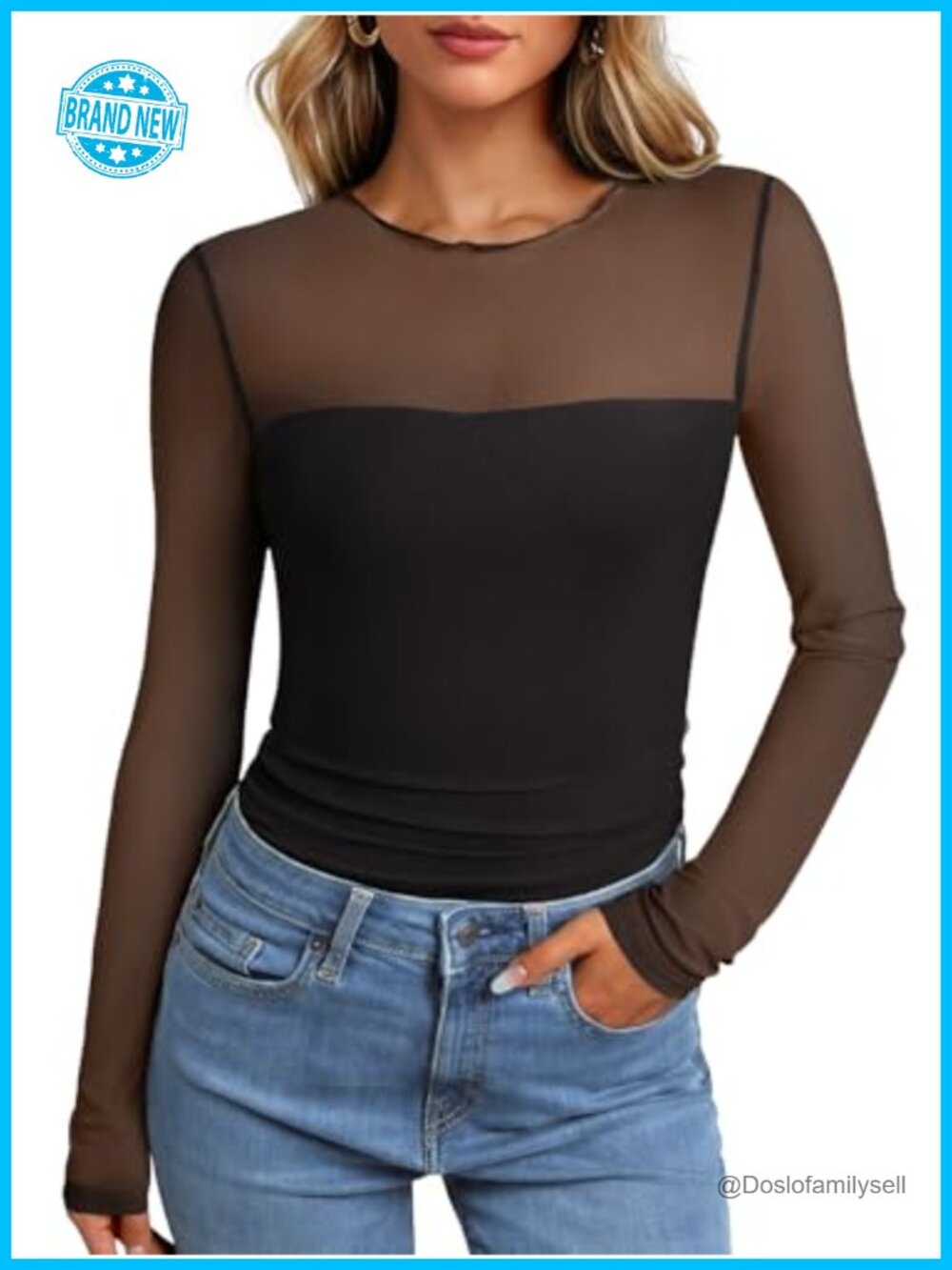 Women's Sheer Mesh Long Sleeve Top Floral Embroidery Crew Neck Blouse